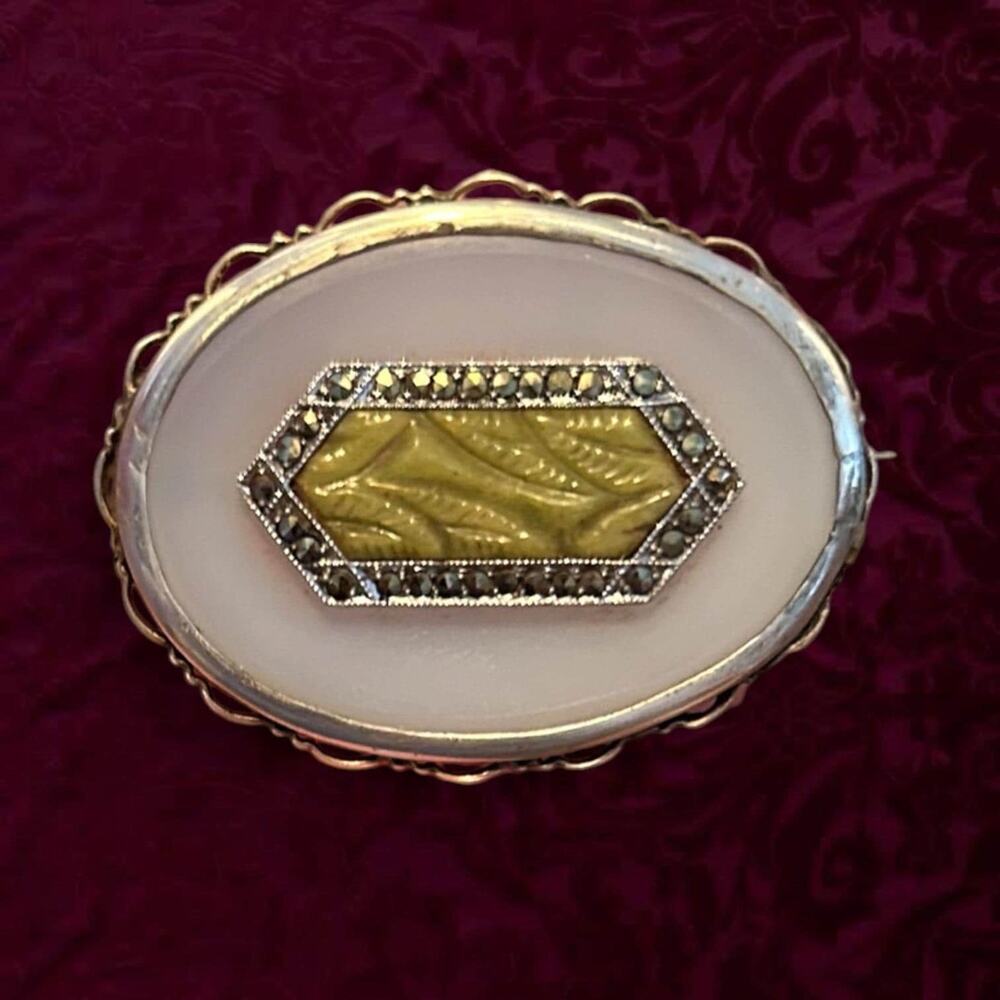 Antique Silver Chalcedony, Connemara Marble, Marcasite Brooch  c. 1895–1915